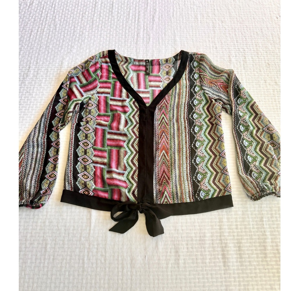 Rendezvous Boho Geometric Print Tie Front V-Neck Blouse Pink Green Size L